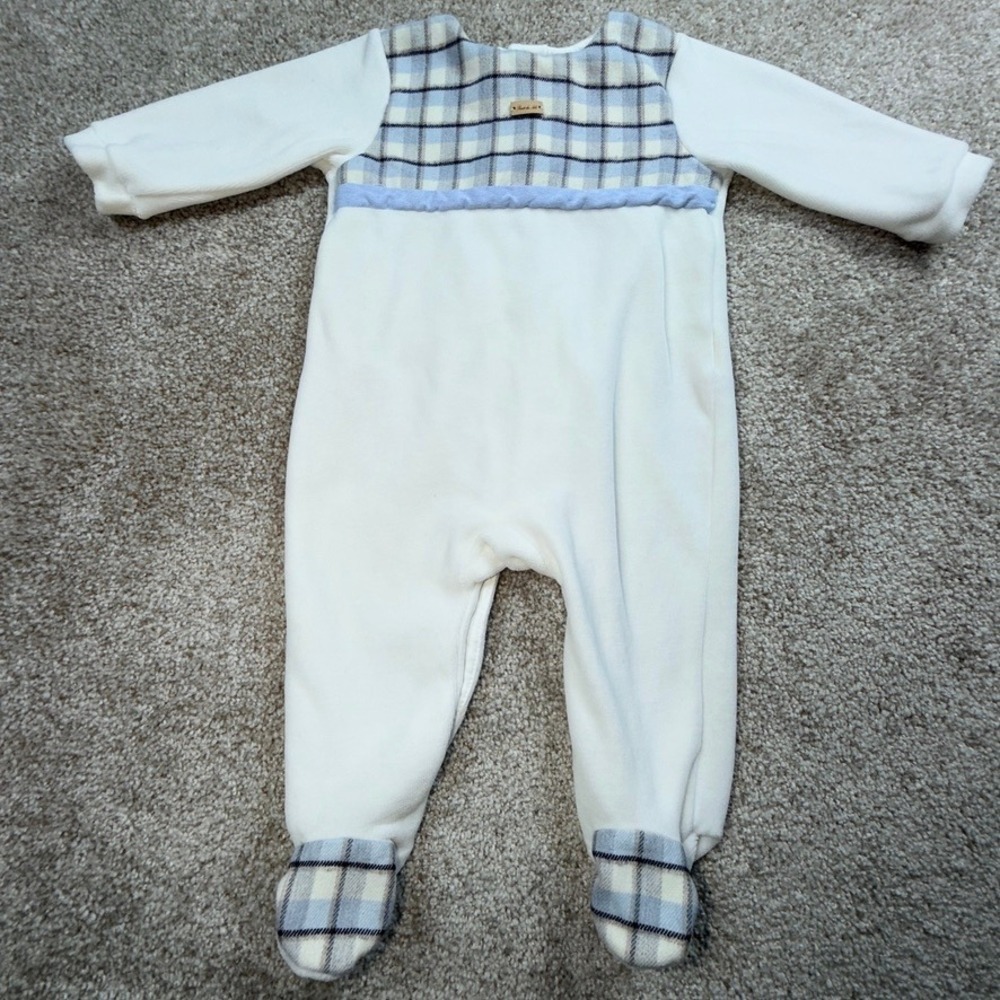 Purete du Bebe Infant Plaid Footed Sleeper White Blue 6M